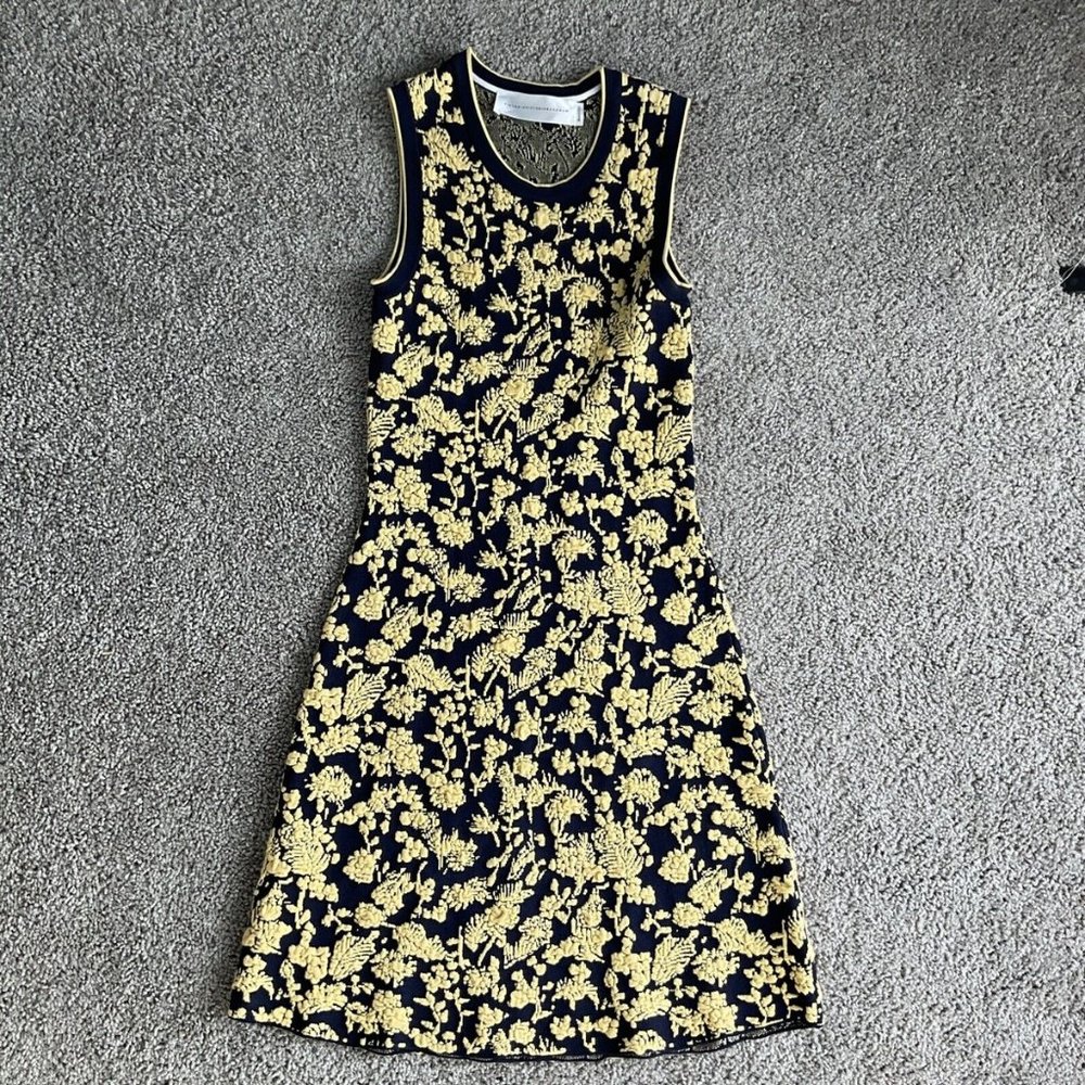 Victoria Beckham Women's Blue English Dress Yellow Puff Pattern Stretchy SZ Us 4